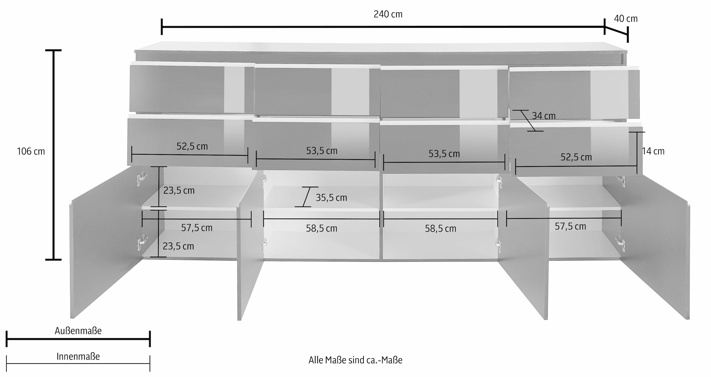 INOSIGN Highboard »Magic, Highboard, Hochschrank, Hochkommode« mit 4 Türen und 8 Schubkästen, Hochglanz lackiert, Breite 240cm