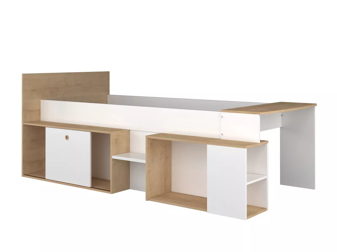 Lit combiné 90 x 200 cm avec bureau et rangements - Blanc et naturel + Sommier - PALOMA
