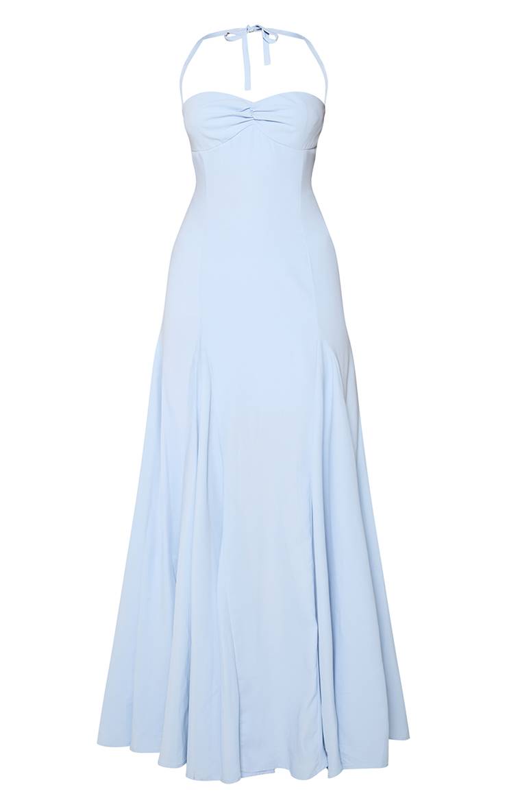 Bleu Robe Longue Tissée À Encolure Américaine Avec Détail Froncé Au Buste