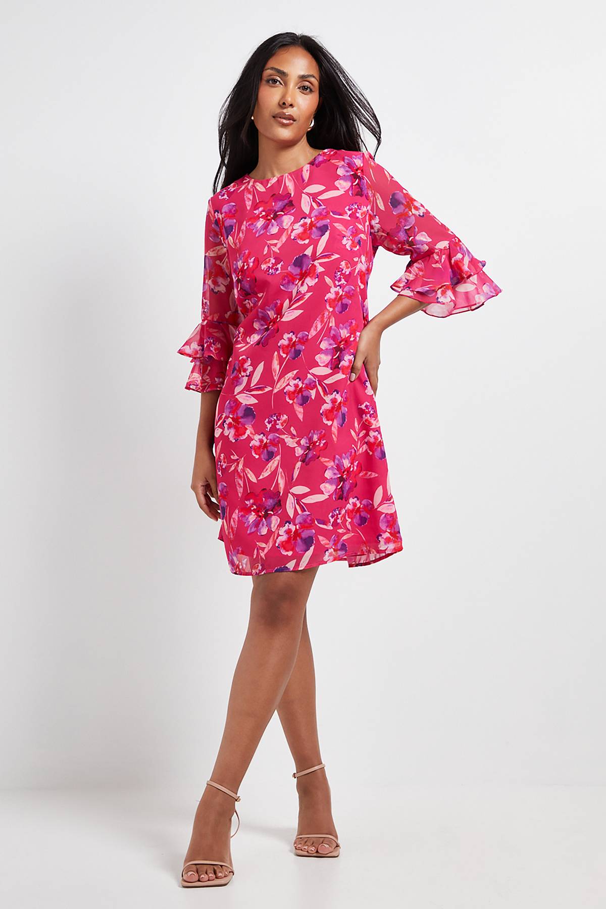 Wallis Robe Droite à Manches Volantées Motif Floral Aquarelle Rose Petite Taille