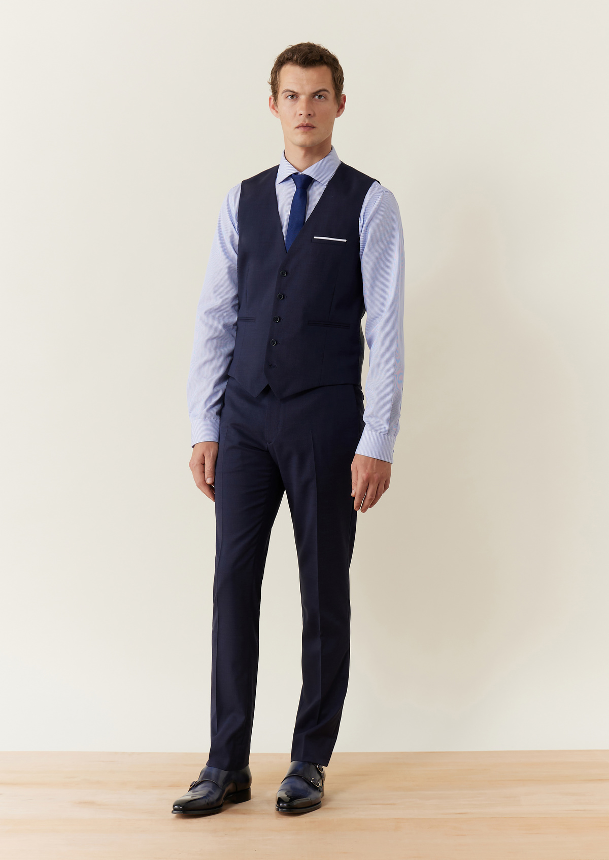Pantalon voyage coordonnable en laine Marzotto unie bleu marine