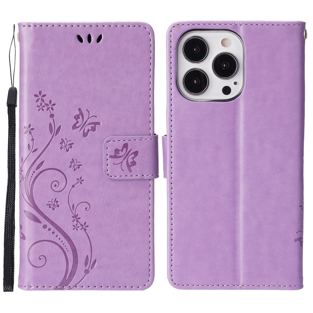 iPhone 13 Pro Leder Tasche mit Kartenfach   Handschlaufe Butterfly Flowers - Lila