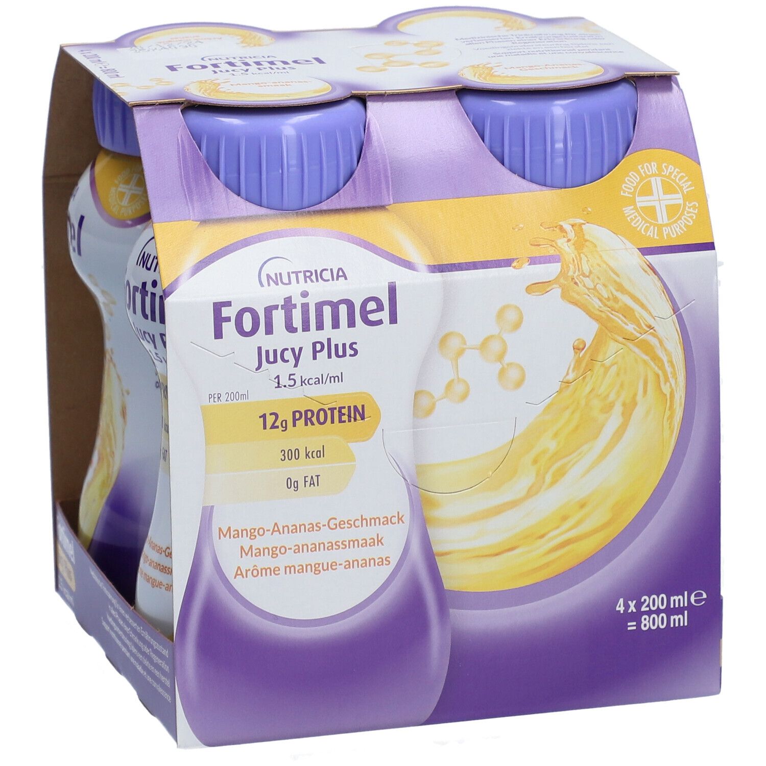 Fortimel® Jucy Plus Mango-Ananas – Hochkalorische Trinknahrung mit vielen wichtigen Nährstoffen – 300 kcal und 12 g Eiweiß pro Flasche