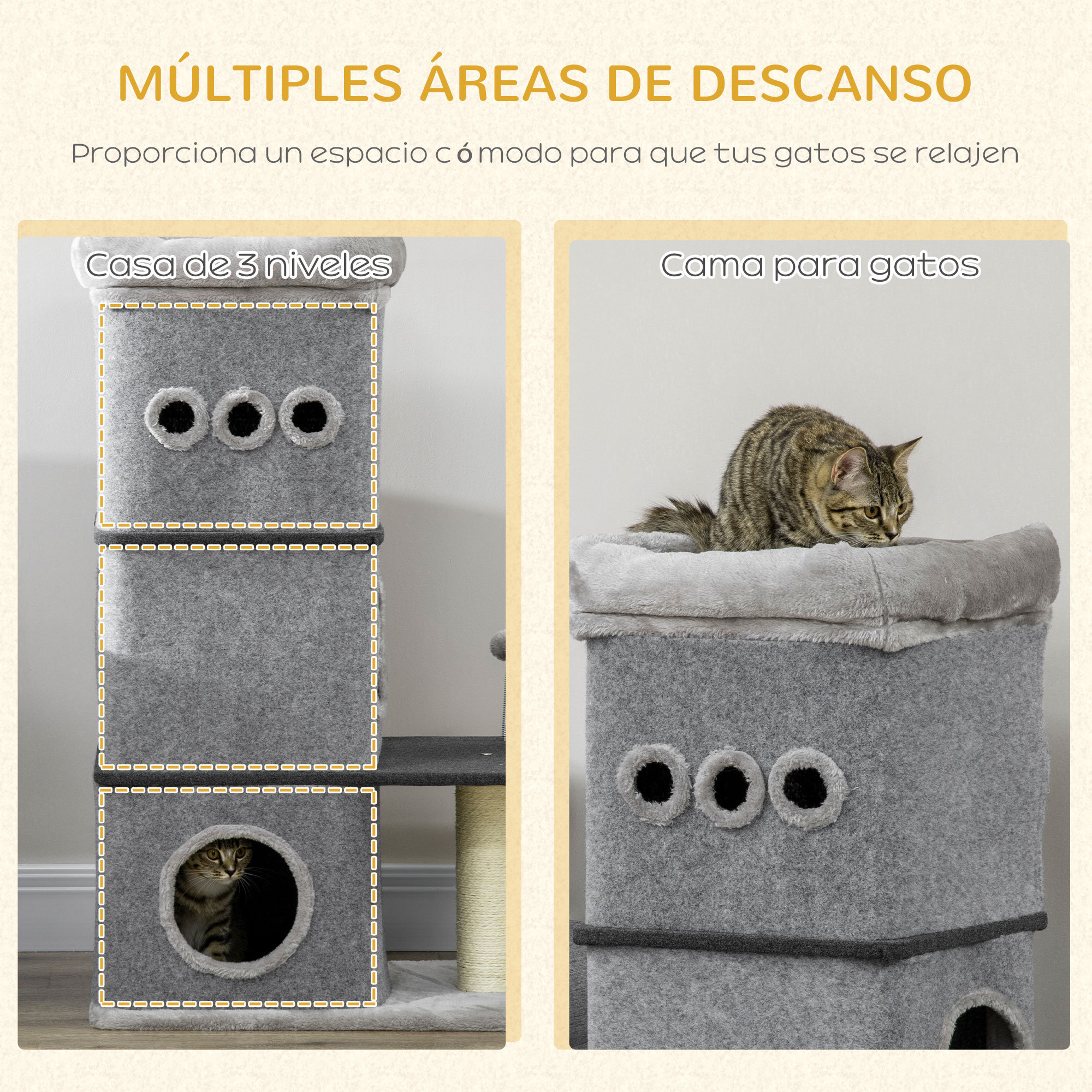 Arranhador de 3 andares PawHut para gatos, 102 cm de altura, torre para gatos com casinha de feltro removível, poste de sisal, cama e bola de brinquedo, 60 x 40 x 102 cm, cinza