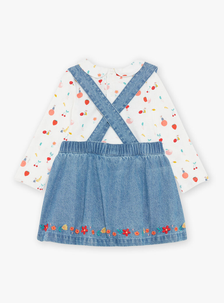 Robe chasuble en jean bleu et body écru