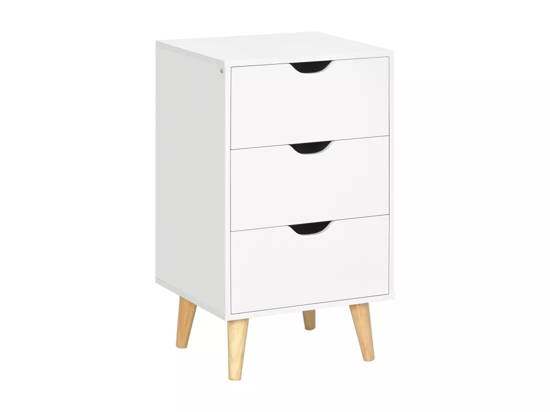 Meuble de rangement chiffonnier 3 tiroirs design scandinave piètement effilé incliné bois pin panneaux blanc
