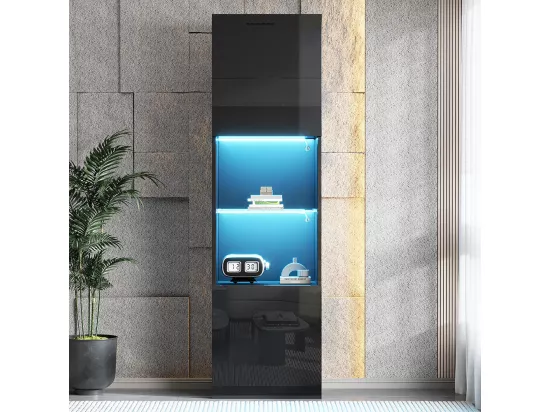 Vitrine LED brillante avec éclairage 1 étagère en verre vitrine sur pied armoire haute noir