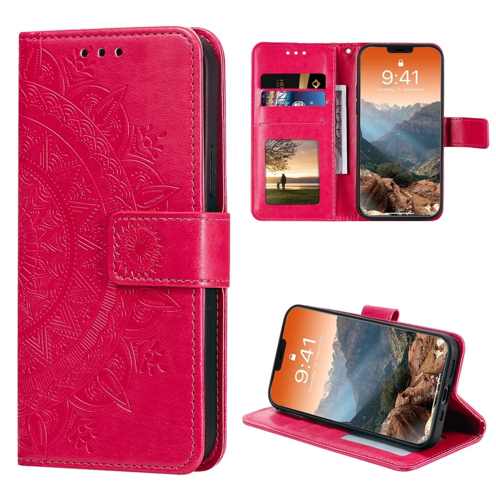 iPhone 12 / iPhone 12 Pro Leder Tasche Wallet - Mandala Flowers Imprint - Rot / Pink