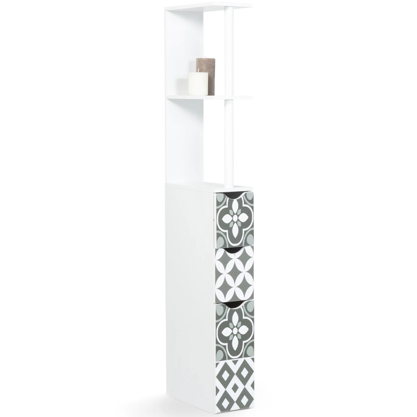 Meuble WC étagère bois WILLY 3 portes blanc et motif carreaux de ciment gris