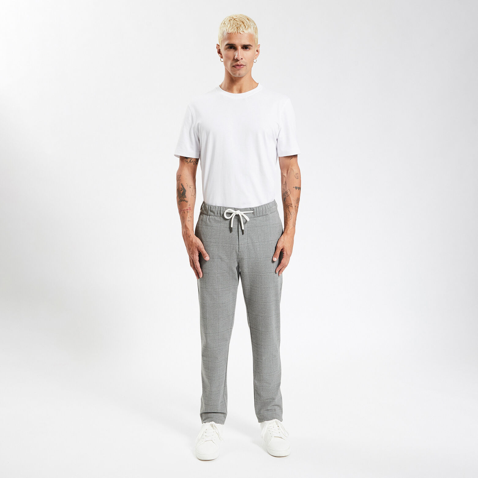 Pantalon chino slim ceinture élastiquée à carreaux Gris clair