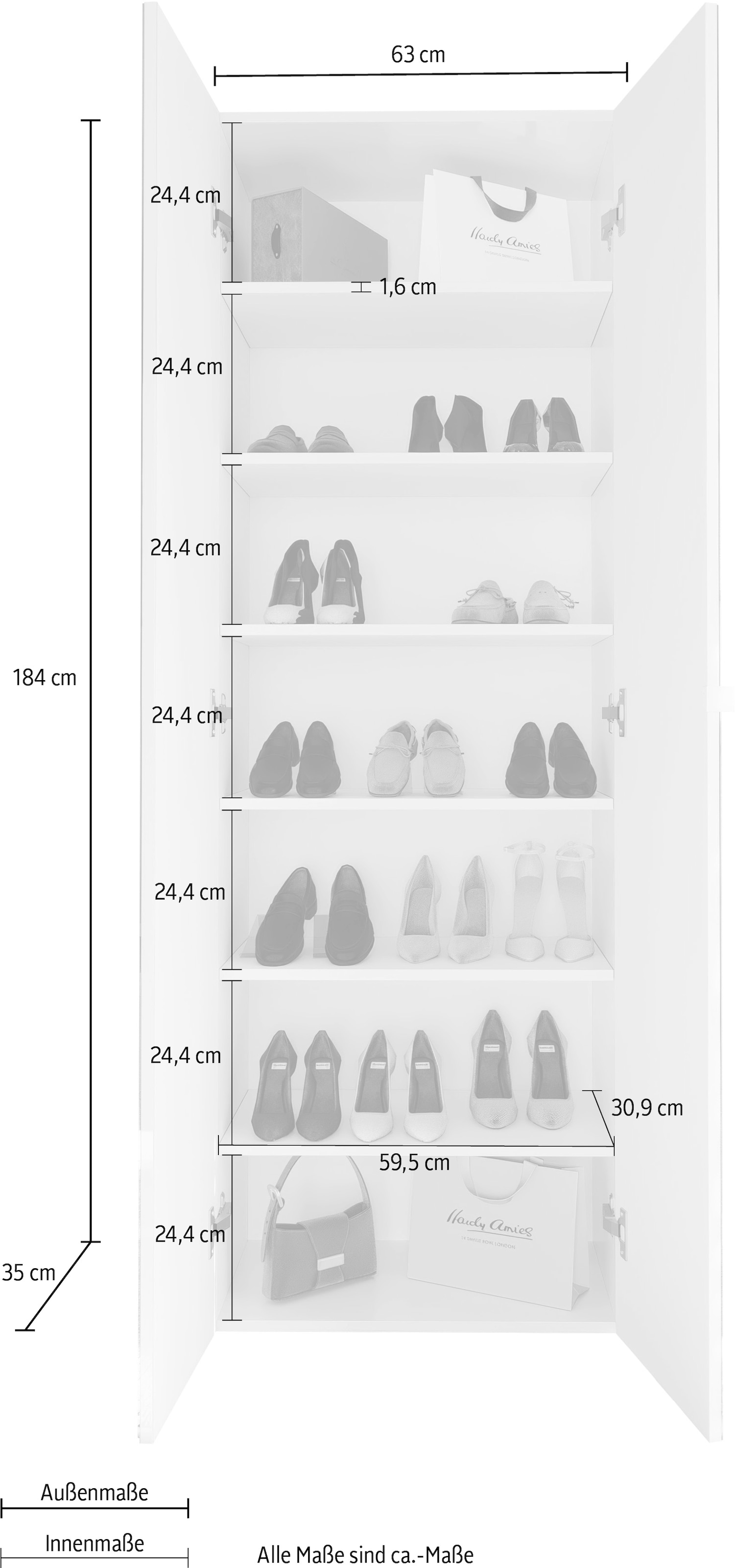 INOSIGN Schuhschrank »SMILE Höhe 184 cm, Weiss Hochglanz lackiert mit 2 Spiegeltüren,« Schuhregal mit 7 Ebenen, Metallgriff, viel Stauraum, 4 Böden variabel