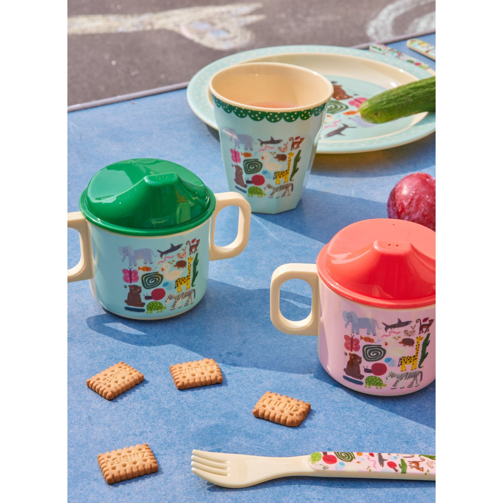 Køb Rice Melamine 2 Handle Baby Kop Med Wildlife Print - Mint - 250 Ml