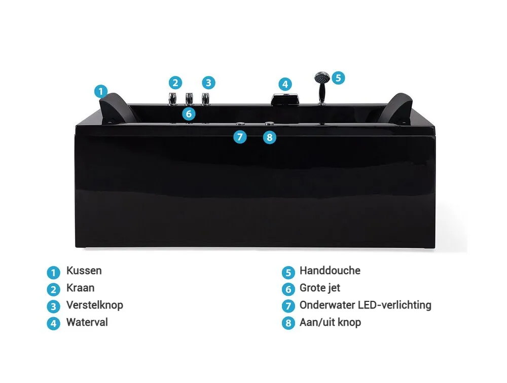 Hoek bubbelbad met LED VARADERO rechtszijdig 183 x 90 cm Zwart