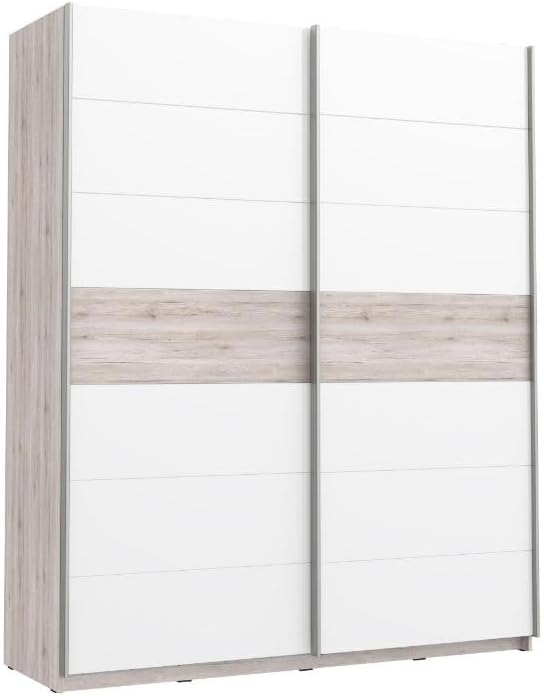 FORTE RONDINO Schrank 170, Kleiderschrank, Schwebetürenschrank Skandinavisch Landhausstil Schlafzimmer 2-türig, Holzdekor: Sandeiche/Weiß Hochglanz, 170 cm breit x 210 cm hoch x 61 cm tief