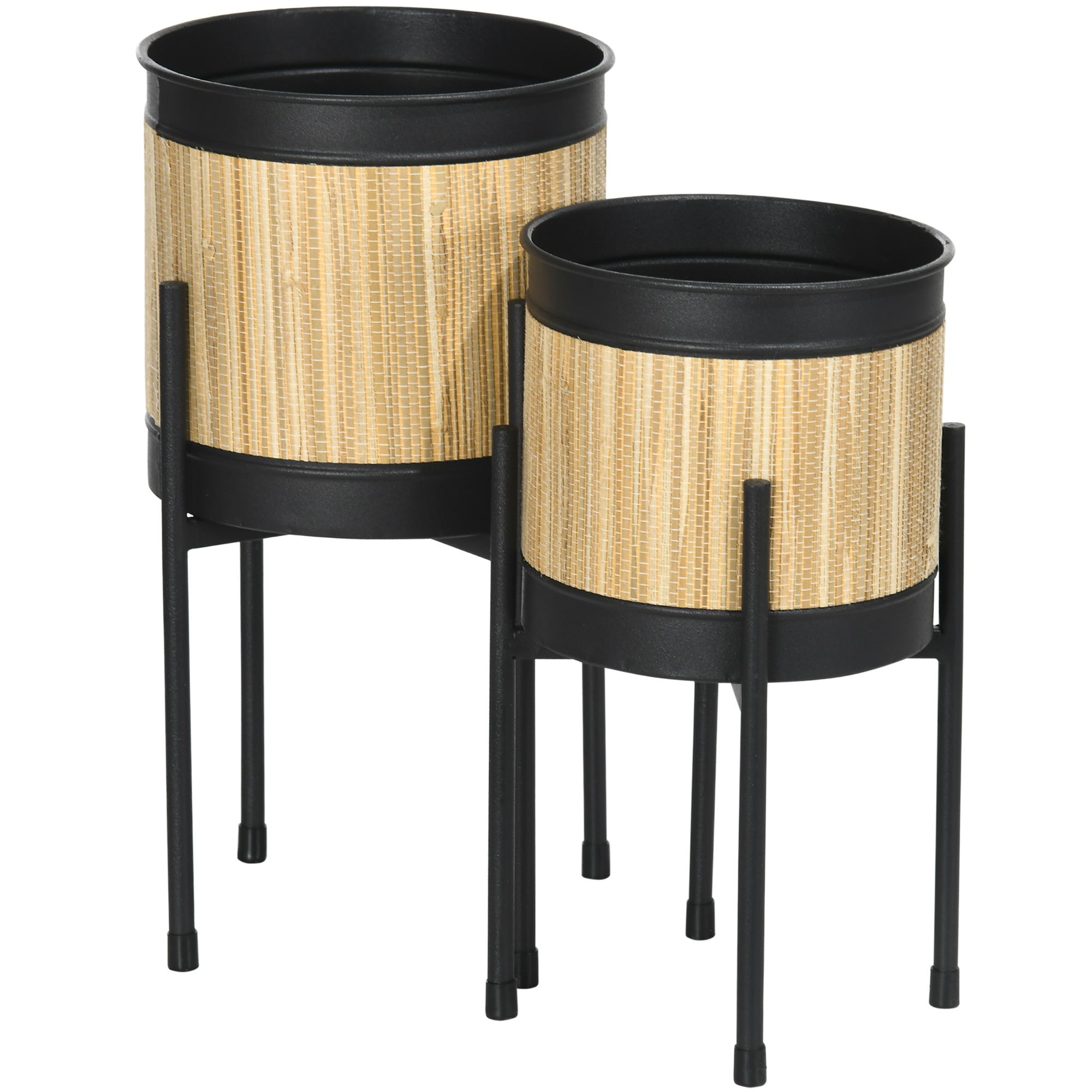 Conjunto Outsunny com 2 suportes metálicos para plantas com tampa em formato de totora, suportes redondos para vasos de flores para sala de estar, cozinha e quarto, Ø16x30 cm e Ø14x25,5 cm, preto.