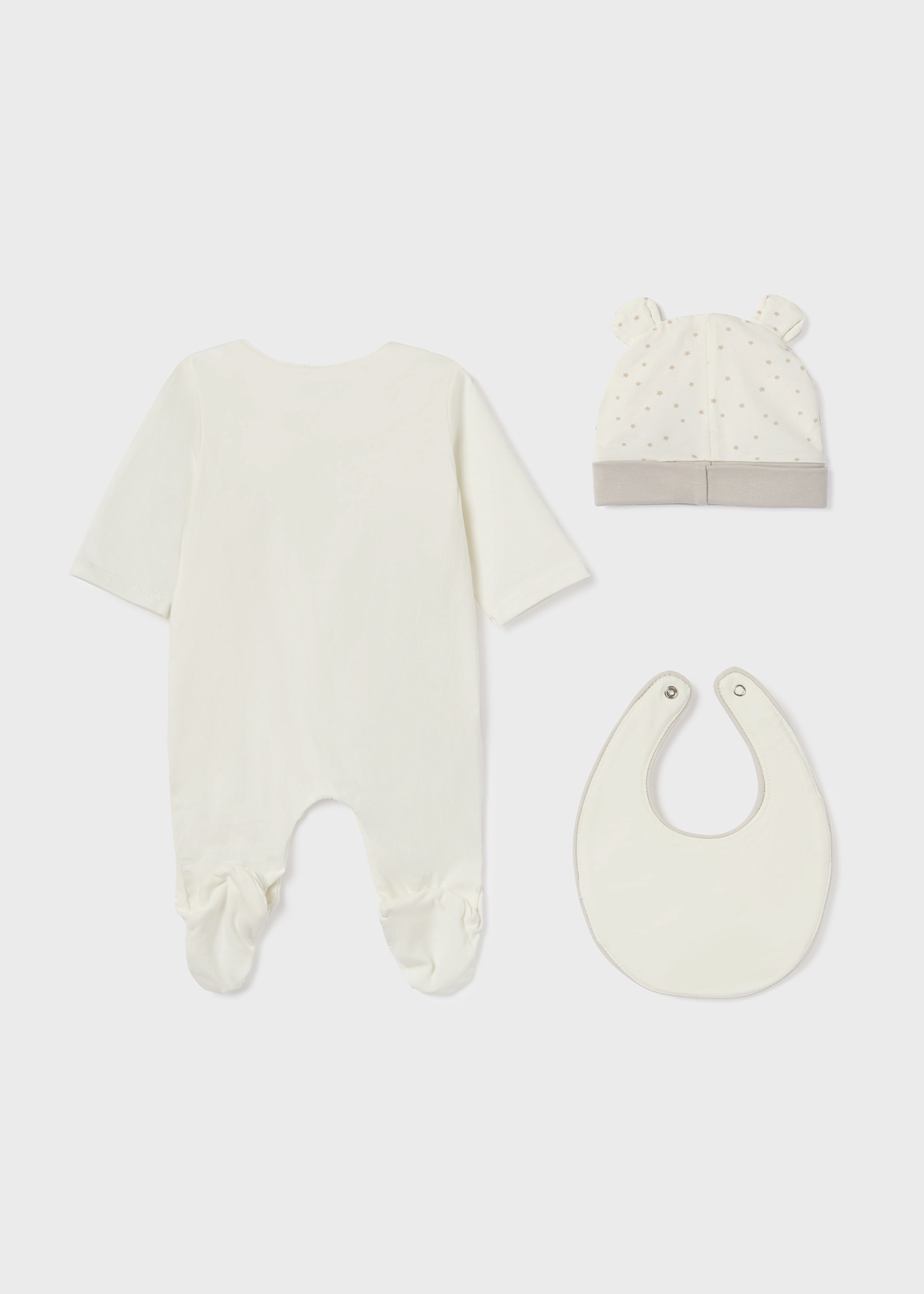 Conjunto de 3 peças em algodão sustentável para recém-nascidos.