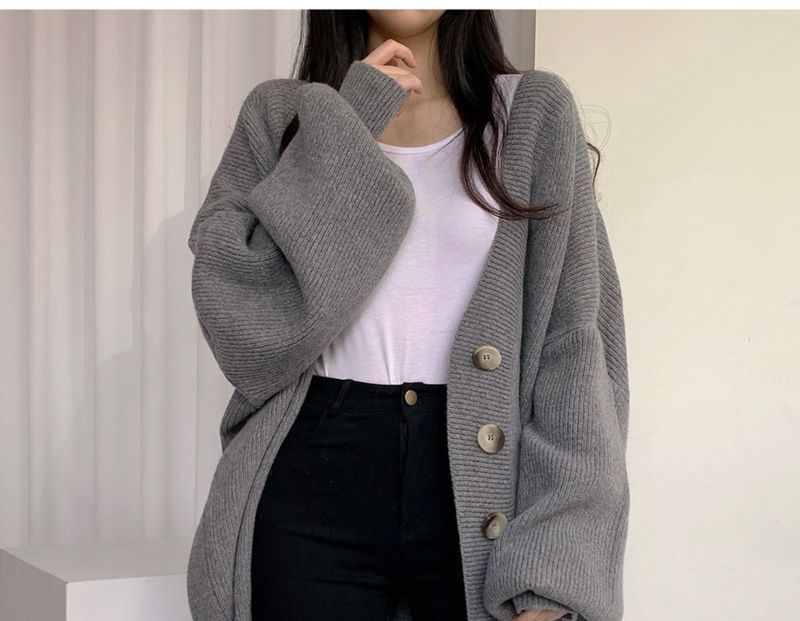 FR - V-hals geribbeld, oversized vest met knoopjes