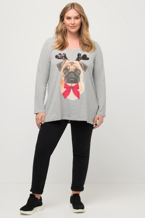Shirt, Weihnachtshund, A-Linie, V-Ausschnitt, Langarm