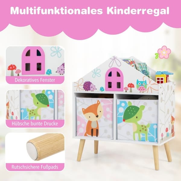 Barnehusformet bokhylle Tredukkehus bokhylle med 2 oppbevaringsbokser Fargerik 62 x 30 x 72 cm