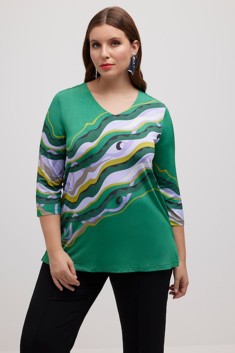 Slinkyshirt, Marmor-Design, V-Ausschnitt, 3/4-Arm