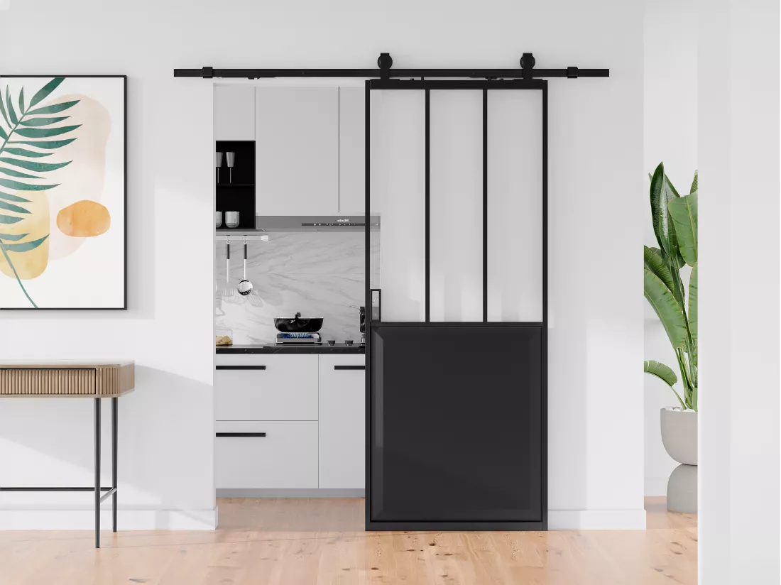 Porte coulissante atelier avec système en applique - Noir et verre trempé - H205 x L93 cm - ARTISTO II