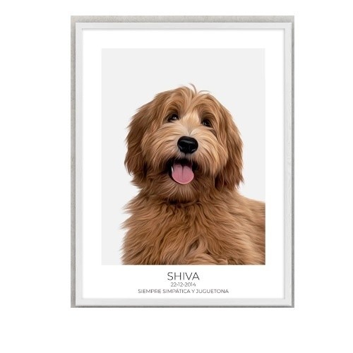 Retrato realista personalizado da MascoZoom com moldura de madeira branca.