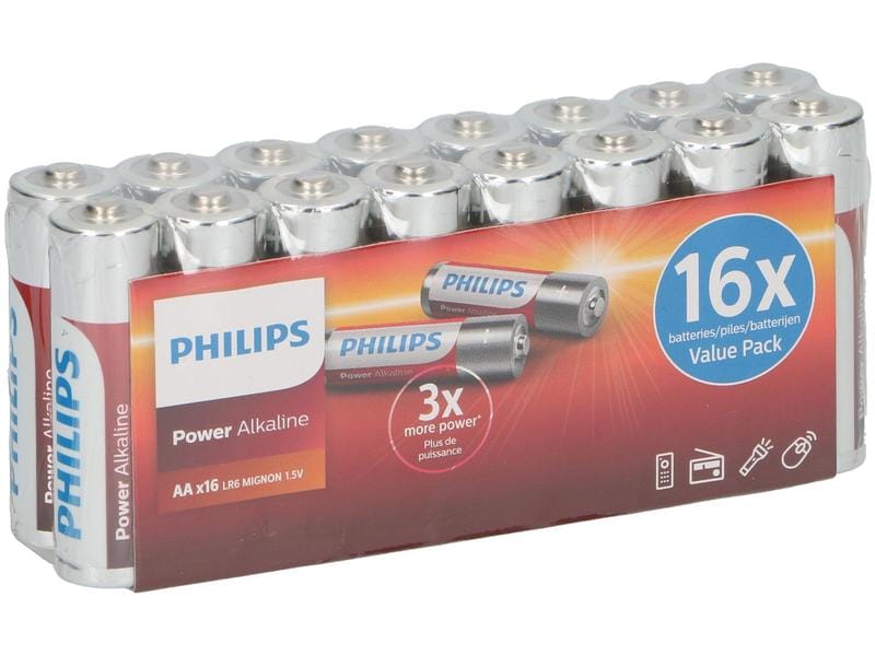 Philips Batterie Power Alkaline AA , 16 Stück Alkaline AA Batterie für Geräte mit hohem Stromverbrauch