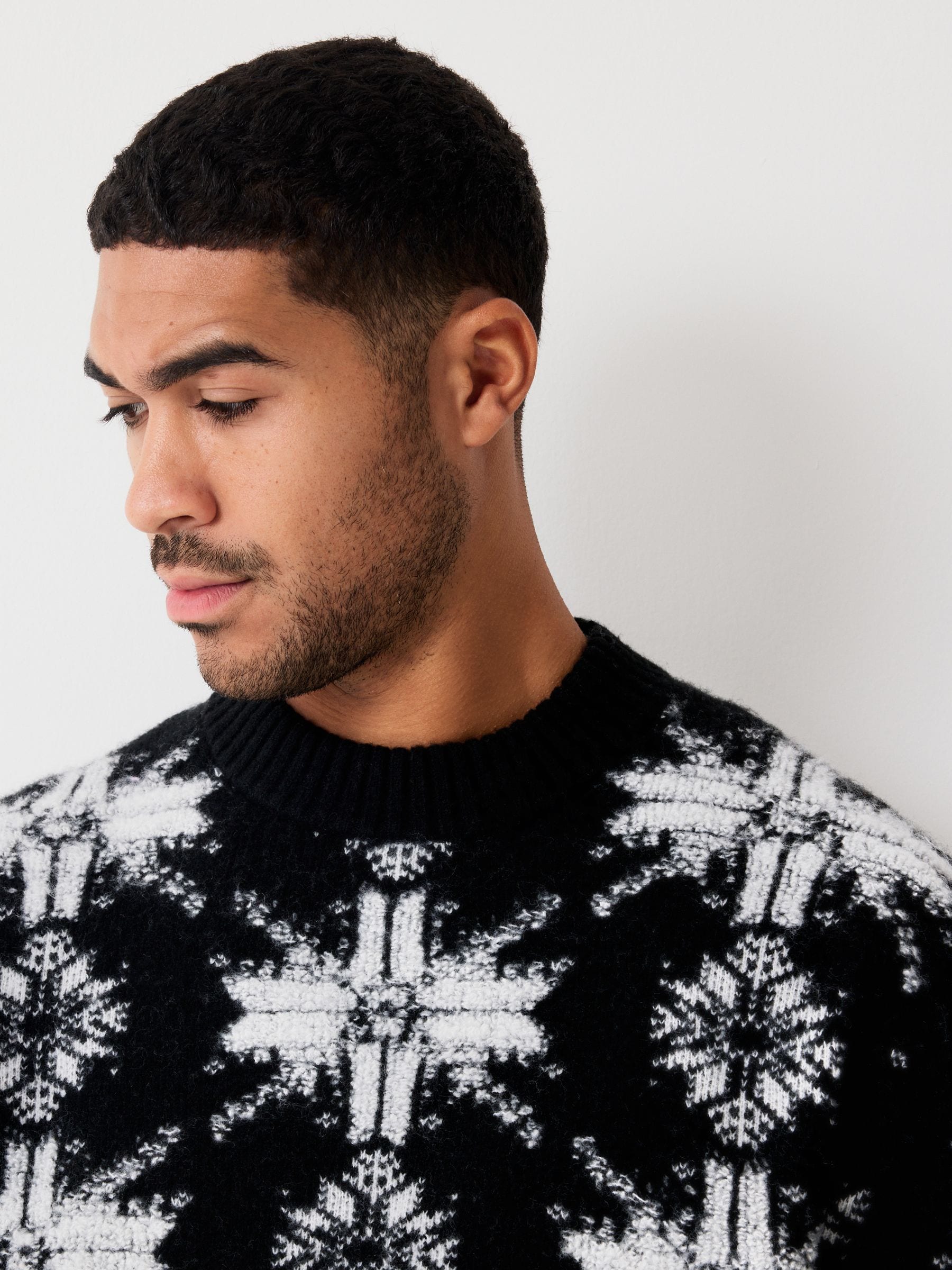 Zwart/wit - Regular Fit Snowflake Pattern Christmas Crew Neck Jumper with Wool