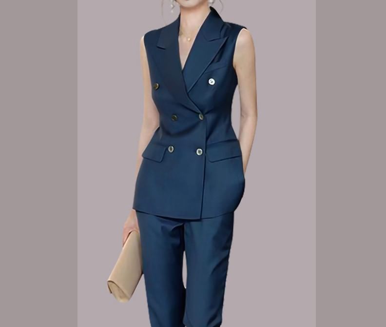 palajana - Set: Peak Lapel Plain Double Breasted Vest + Mid Rise Cropped Straight Leg Slacks