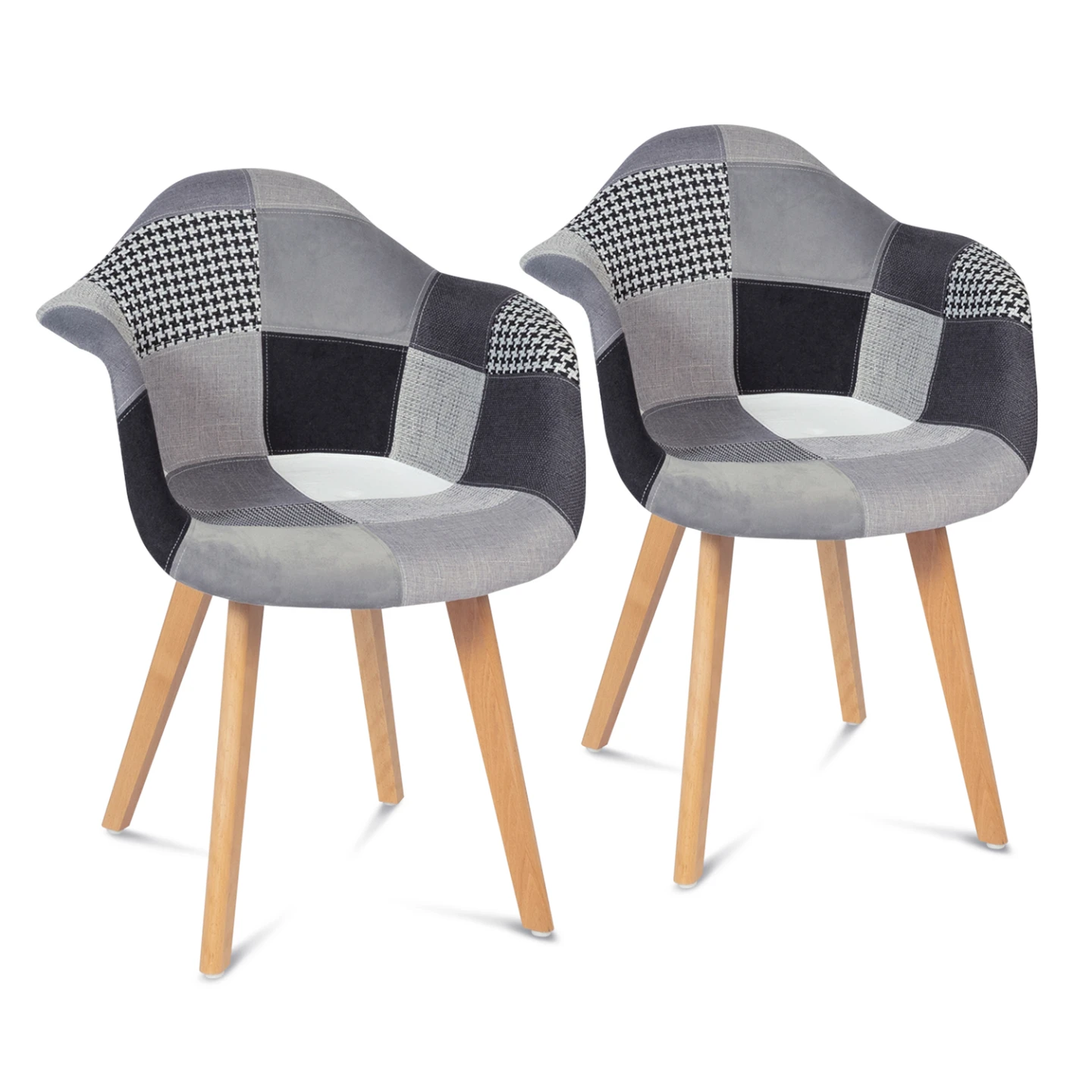 Lot de 2 chaises de salle à manger scandinaves, fauteuils de table SARA motifs patchworks noirs, gris et blancs