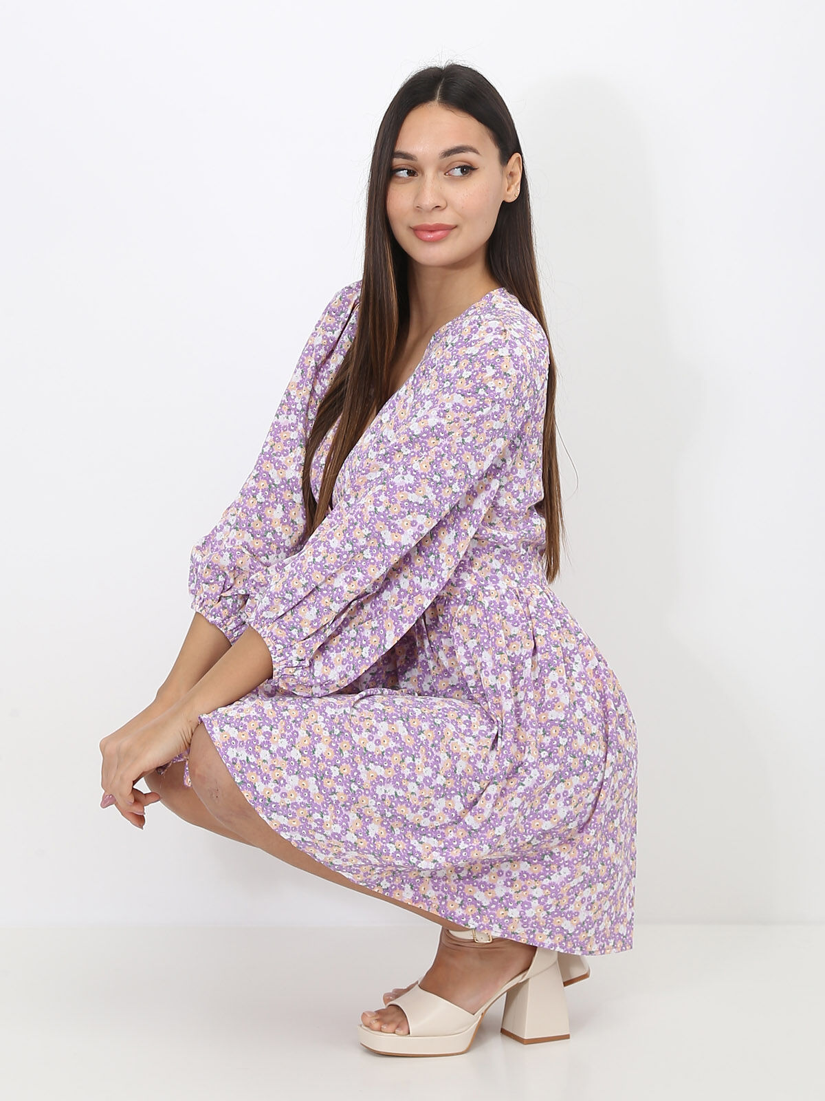 Robe patineuse à fleurs et boutons- Lilas