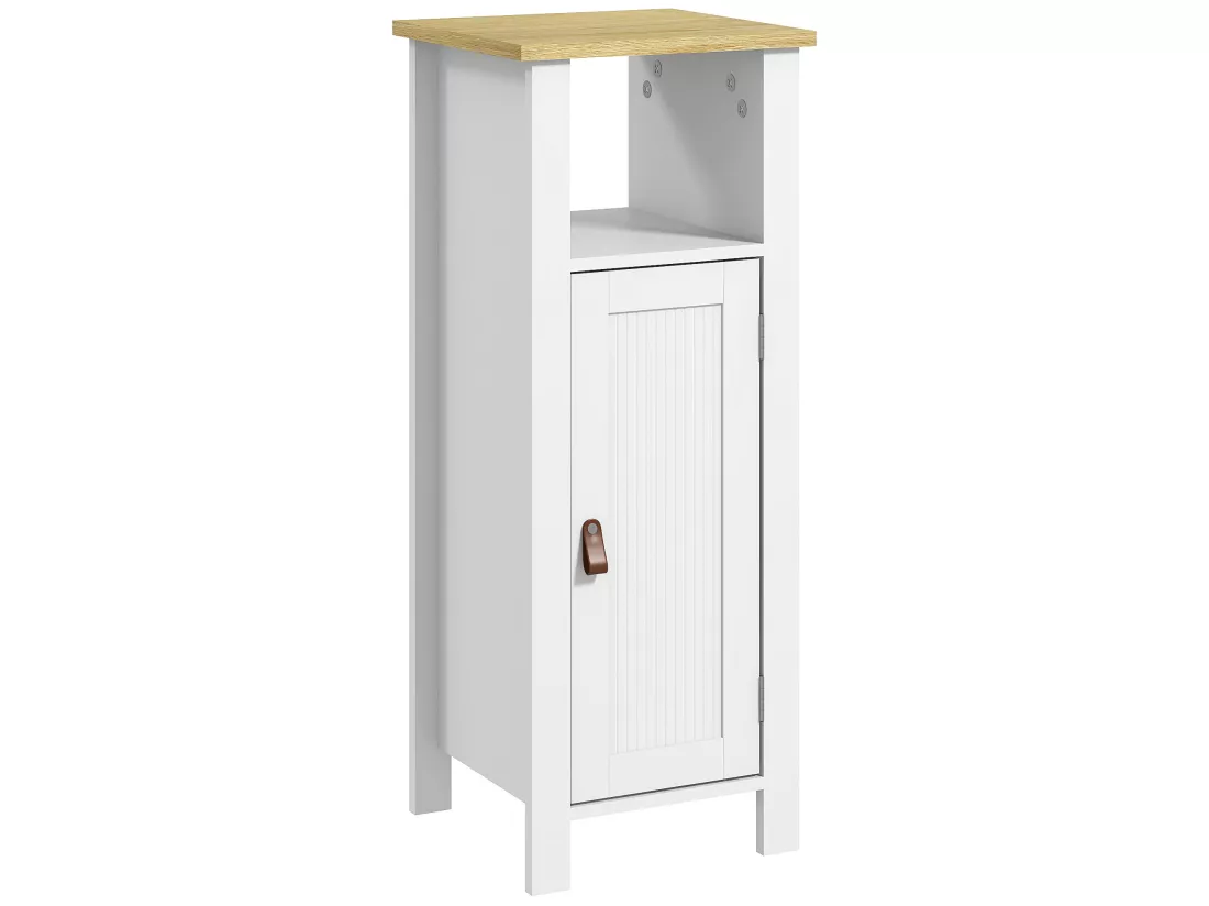 Meuble bas de salle de bain sur pied porte 2 étagères niche plateau aspect bois clair blanc