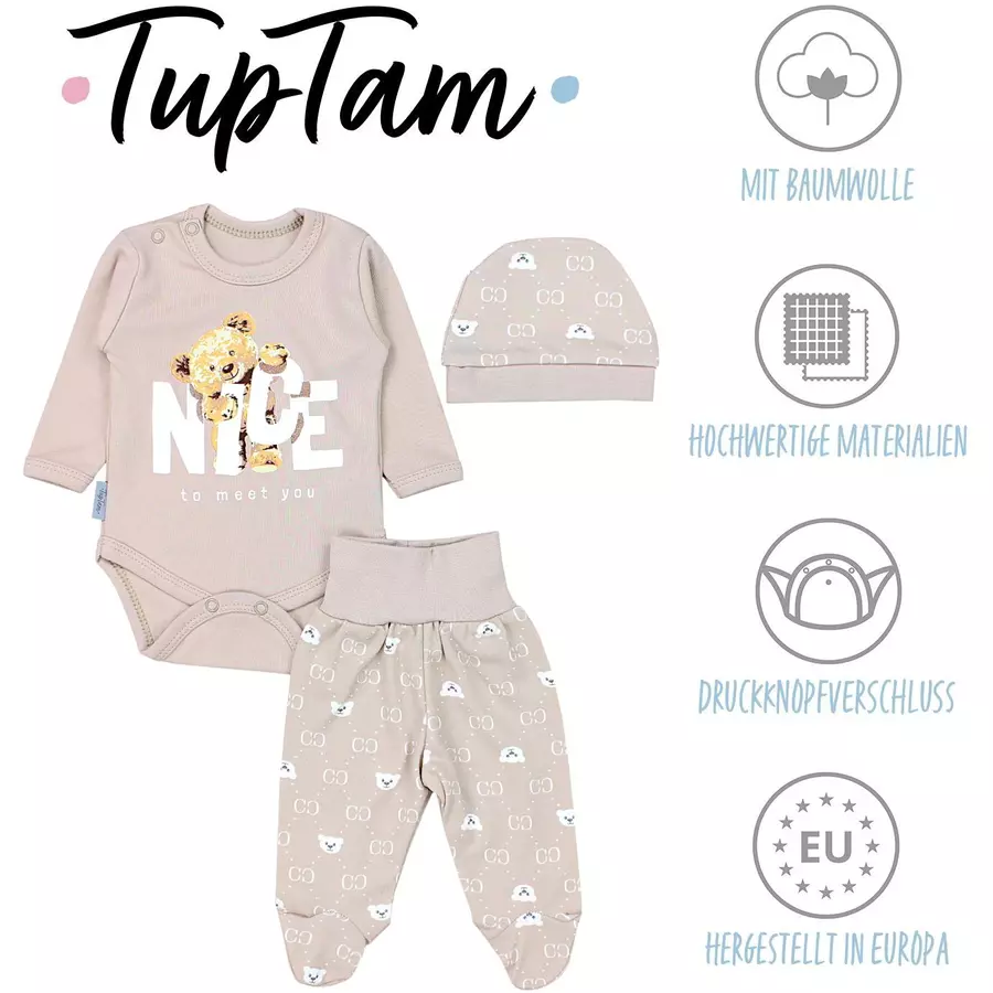 TupTam Baby Bekleidungsset Langarmbody Hose Mütze3 teilig beige Modell 1