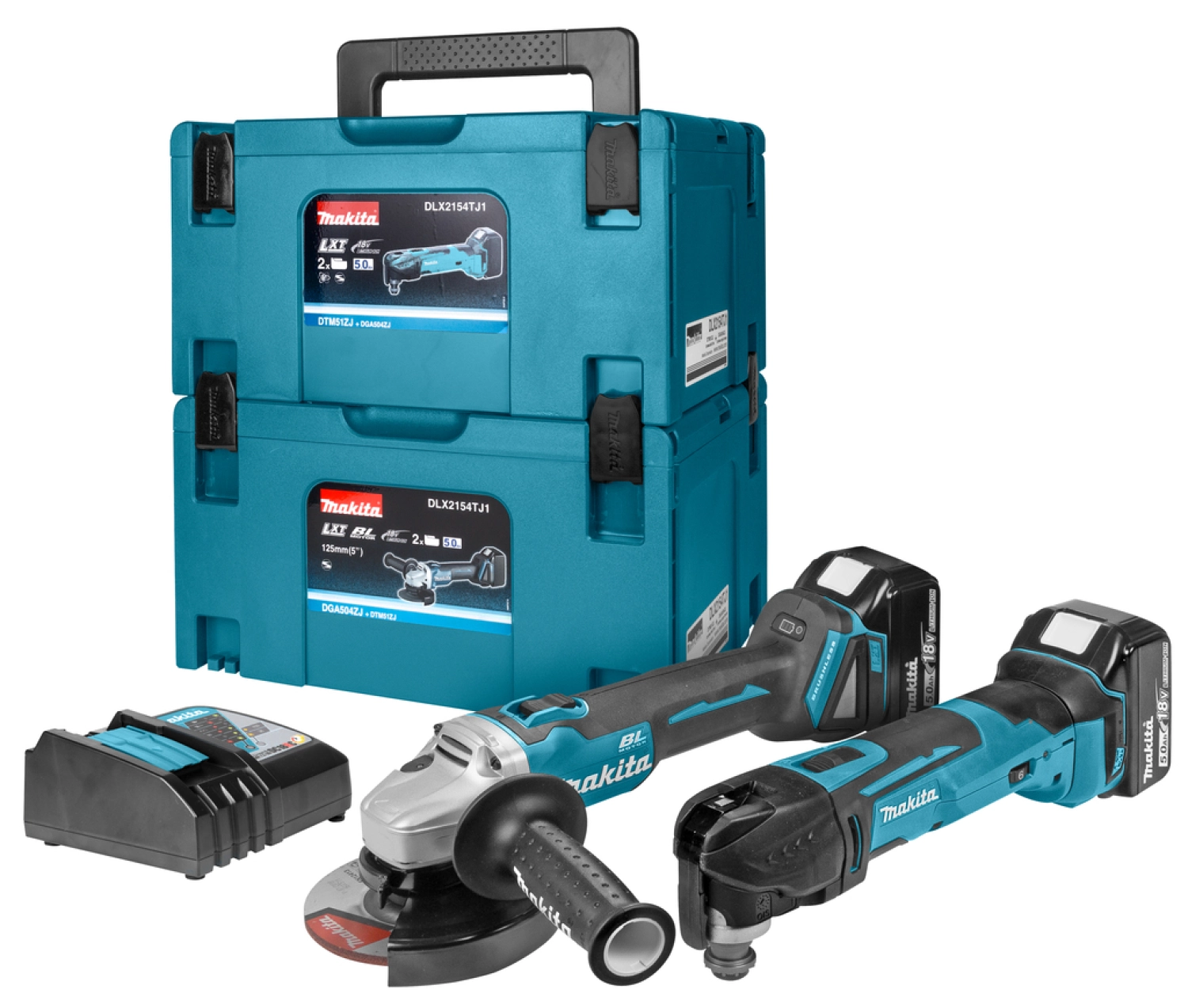 Makita DLX2154TJ1 18V Li-Ion accu haakse slijper (DGA504) & multitool (DTM51) combiset (2x 5.0Ah accu) in 2 x Mbox