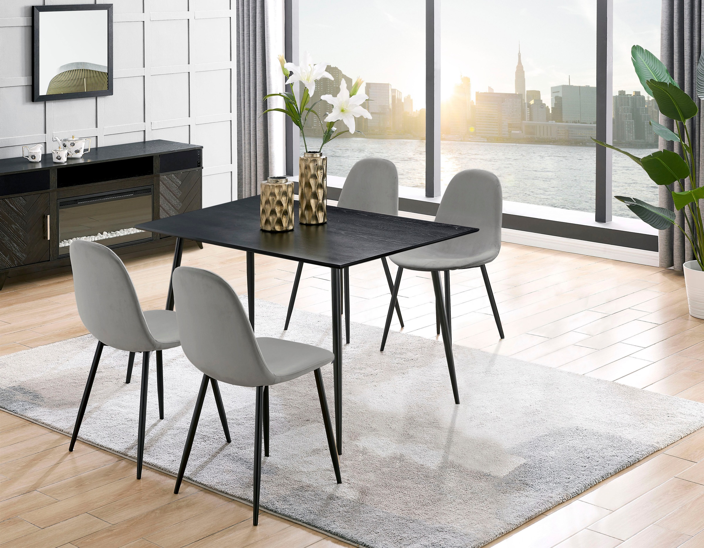 Leonique Essgruppe »Eadwine, TOPSELLER! Sitzgruppe, Tisch plus 4 Stühle« Set, Esstisch plus 4 Esszimmerstühle, 5 Stk. tlg. bestehend aus Esstisch 120 cm und 4 Esszimmerstühlen, Polsterstühlen