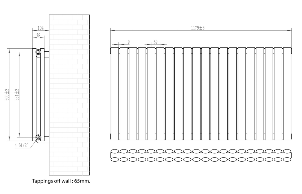 Eastbrook Tunstall dubbele radiator 120x60cm 1836W antraciet