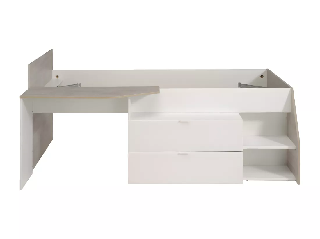 Lit avec bureau et rangements - 90 x 190/200 cm - Blanc et naturel - GISELE