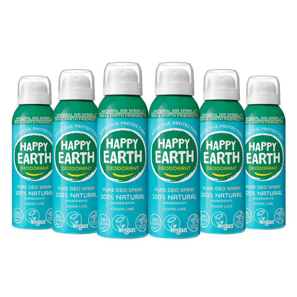 6x Happy Earth 100% Natuurlijke Deodorant Natural Air Spray Cedar Lime100 ml