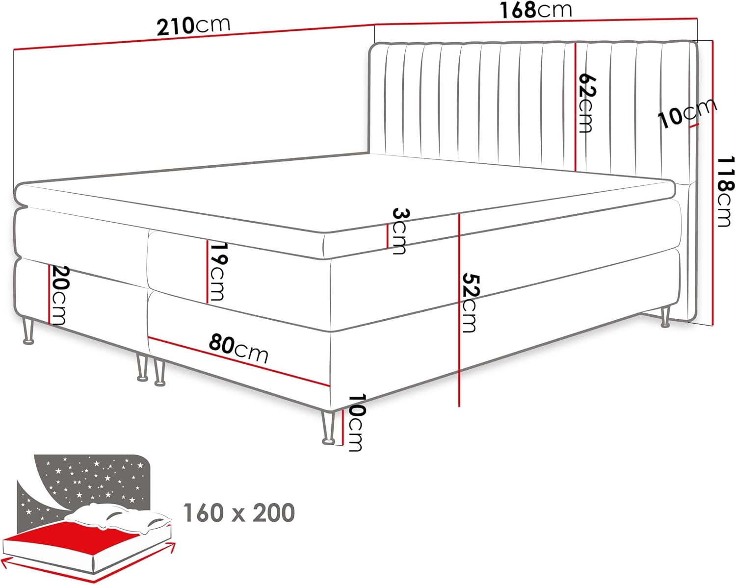 Mirjan24 Boxspringbett Nerpa, Doppelbett mit Topper und Matratze, Polsterbett mit 2 Bettkästen + Gasdruckfedern, Bett mit Kopfteil, Bettgestell für Schlafzimmer (Fresh 01, 160 x 200 cm)