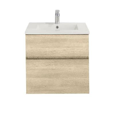 Meuble sous vasque à suspendre Calao aspect chêne naturel 60 cm + plan vasque en céramique blanche