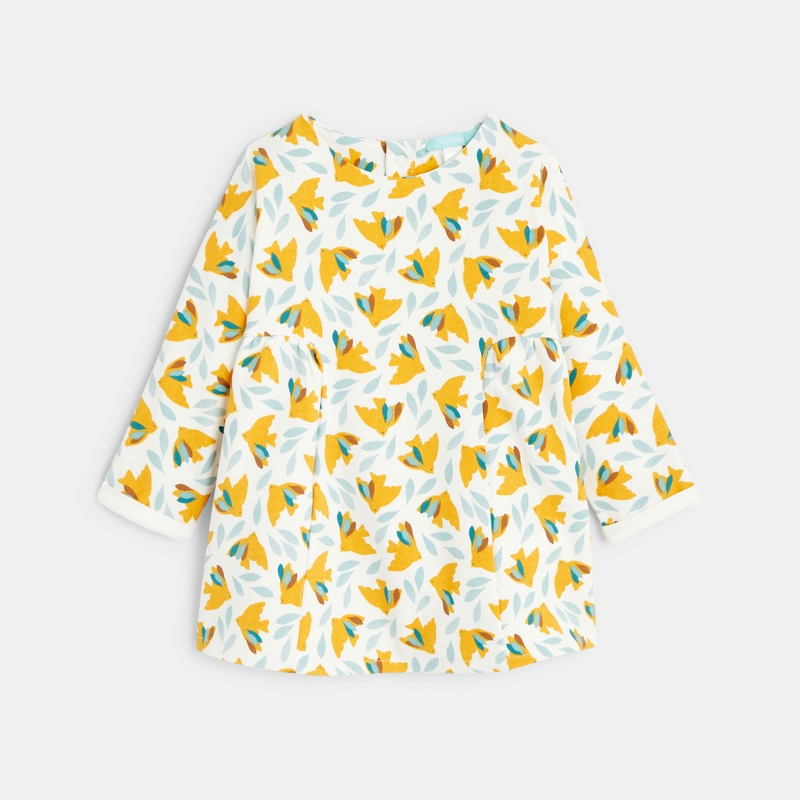 Robe oiseaux molleton léger et legging jaune bébé fille