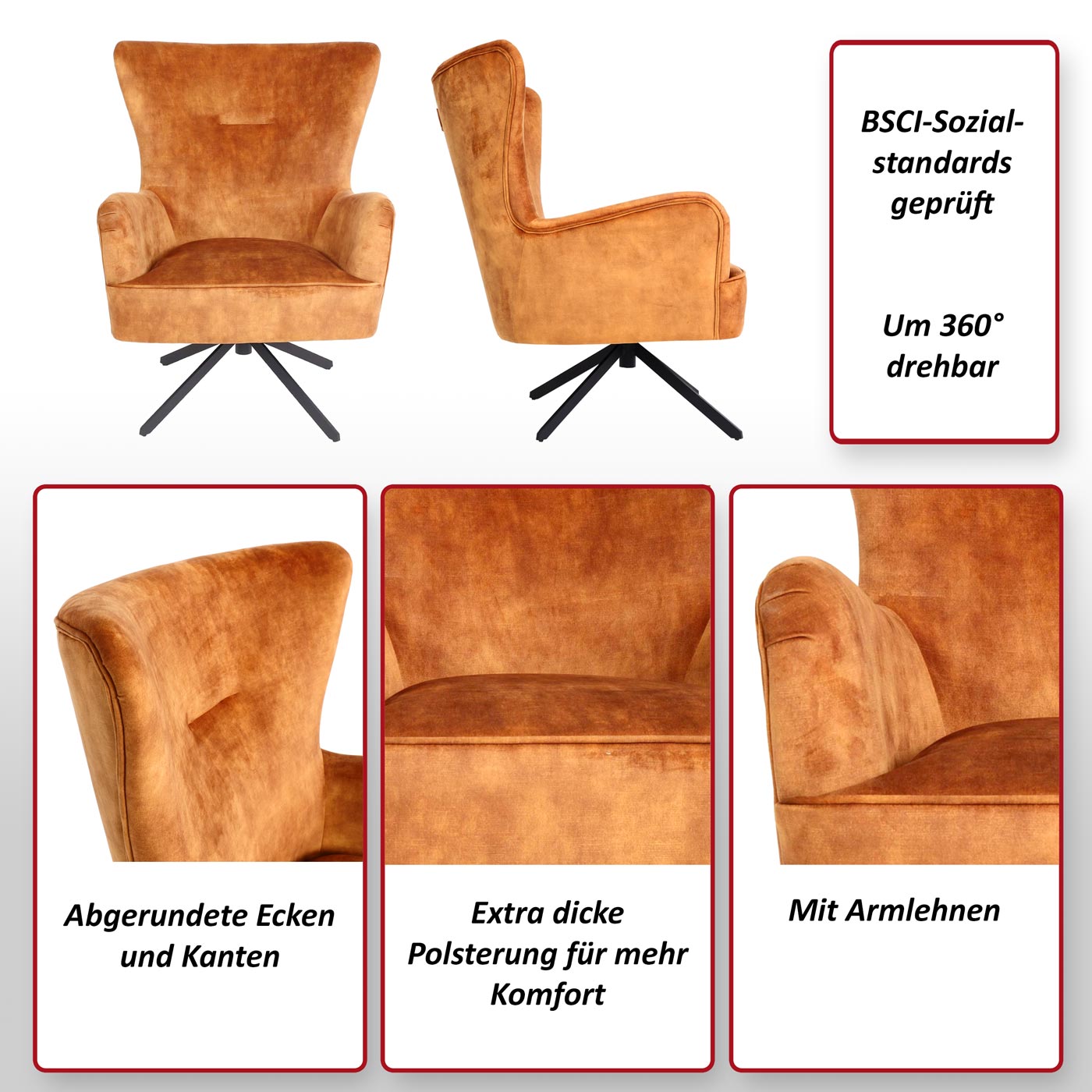 Lounge-Sessel MCW-L63, Cocktailsessel Polstersessel Relaxsessel, drehbar, vintage Samt Metall ~ gold-braun