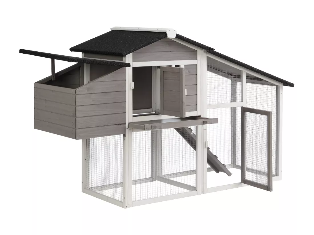 Poulailler en bois avec enclos - 4 poules - L. 173 x P. 64 x H. 108 cm - Blanc et gris - LEVAS