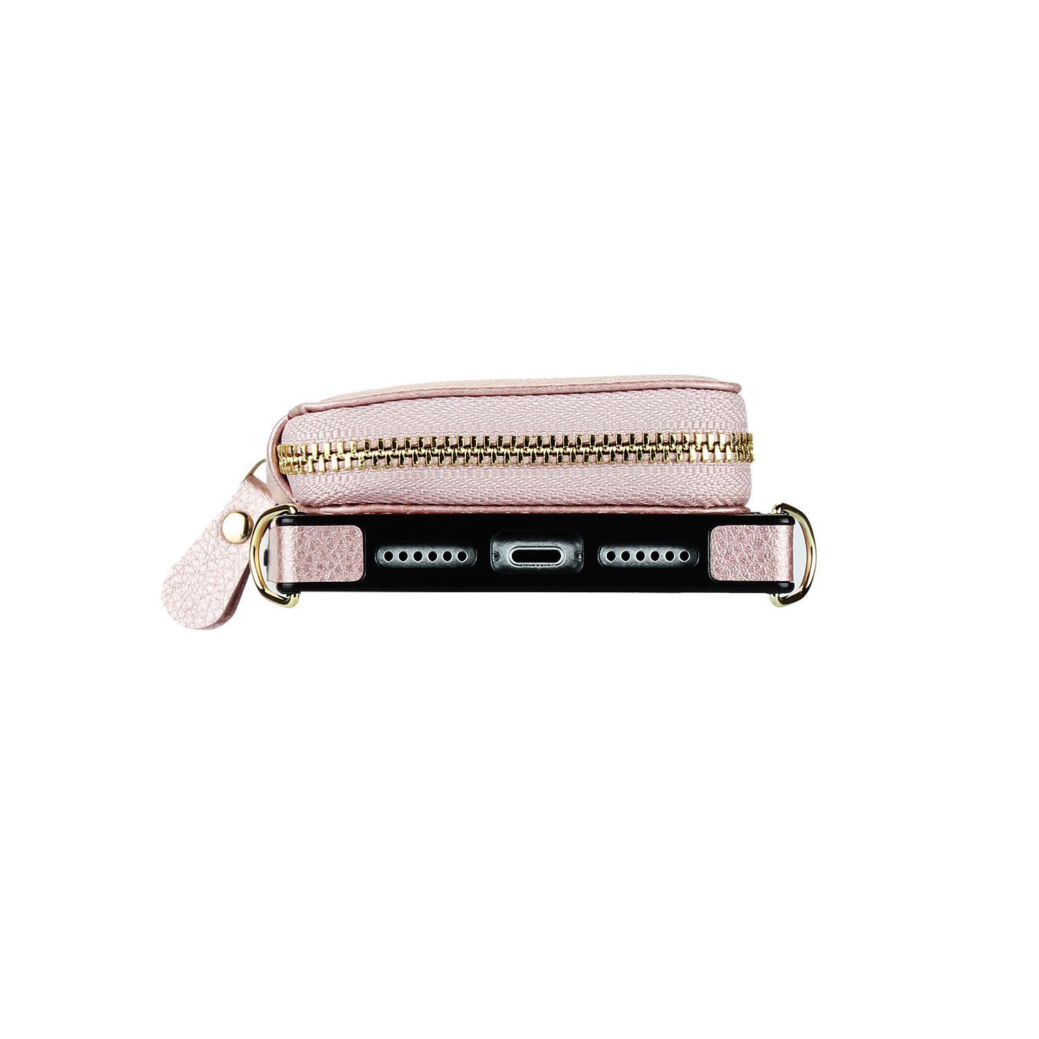 iPhone 16 Pro Necklace Leder Schutz Hülle mit Kartenfächer   Handykette (140cm) - Roségold