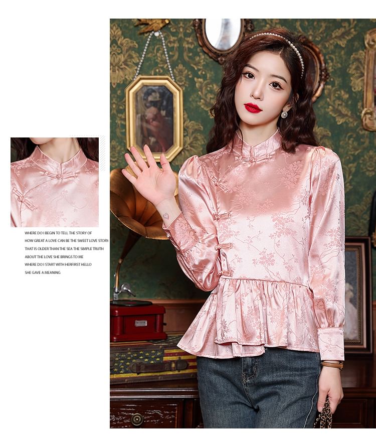 Dragan Pulse - Blouse met pofmouwen en hoge hals, jacquardmotief en kikkermotief, met knopen