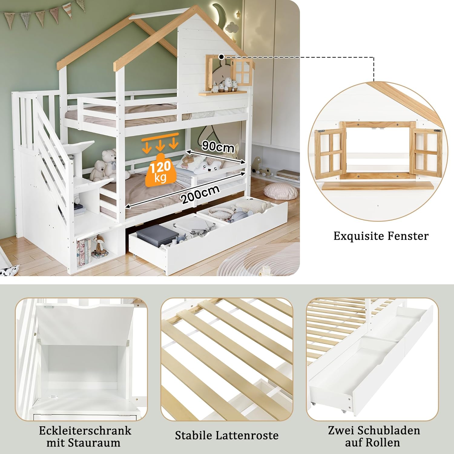 Etagenbett 90x200 cm, Kinderbett mit 2 Schubladen, Holzbett mit Aufbewahrungstreppen, Hausbett mit Dach und Fenster, Multifunktionales Stauraumbett, Weiß + Natur, ohne Matratze