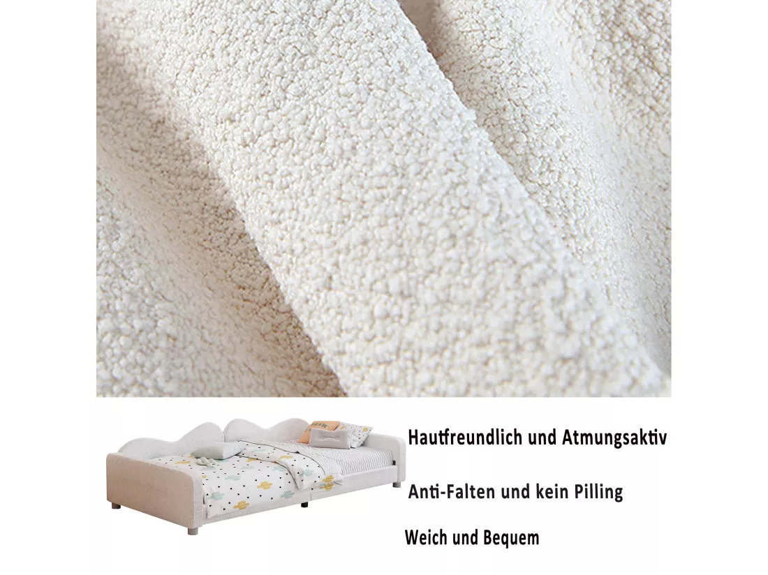 Lit banquette capitonné - 90 x 200 cm - 2 tiroirs - tissu peluche - sommier à lattes - pour enfant ou bébé - blanc