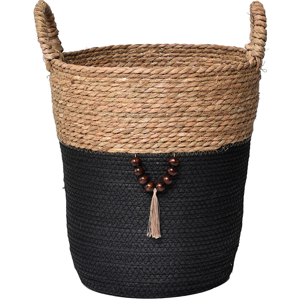 Panière à linge ronde matière végétale noire 35x38x35cm