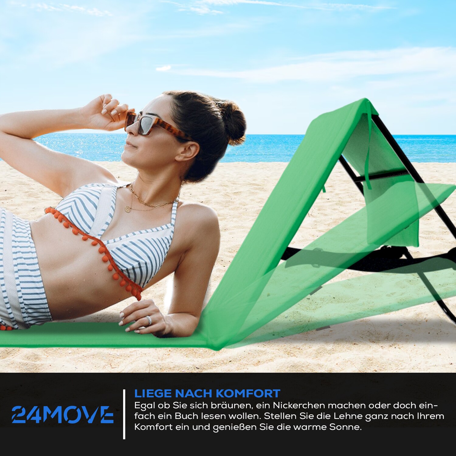 24MOVE® Strandmatte 1er Set klappbar mit Rückenlehne, Strandliege mit Gurt, tragbar für Strand und Garten, Liegematte grün