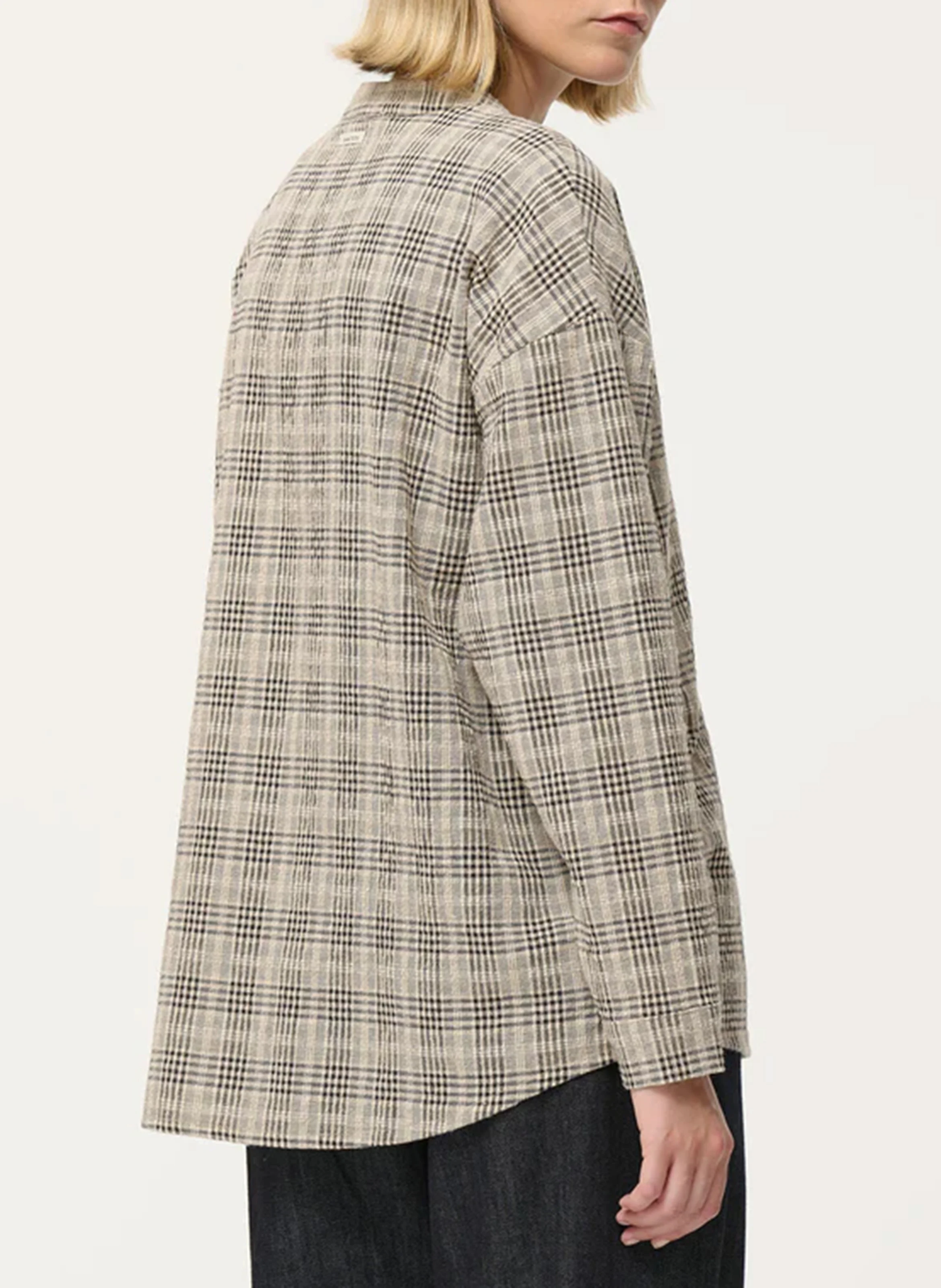 Chemise col mao à carreaux en coton| Gris